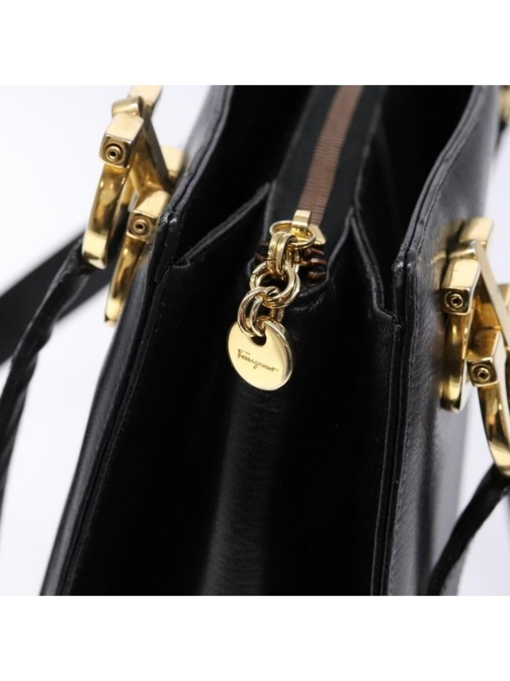 Authentic Salvatore Ferragamo Gancini Shoulder Bag Leather Black Gold - Picture 8 of 16